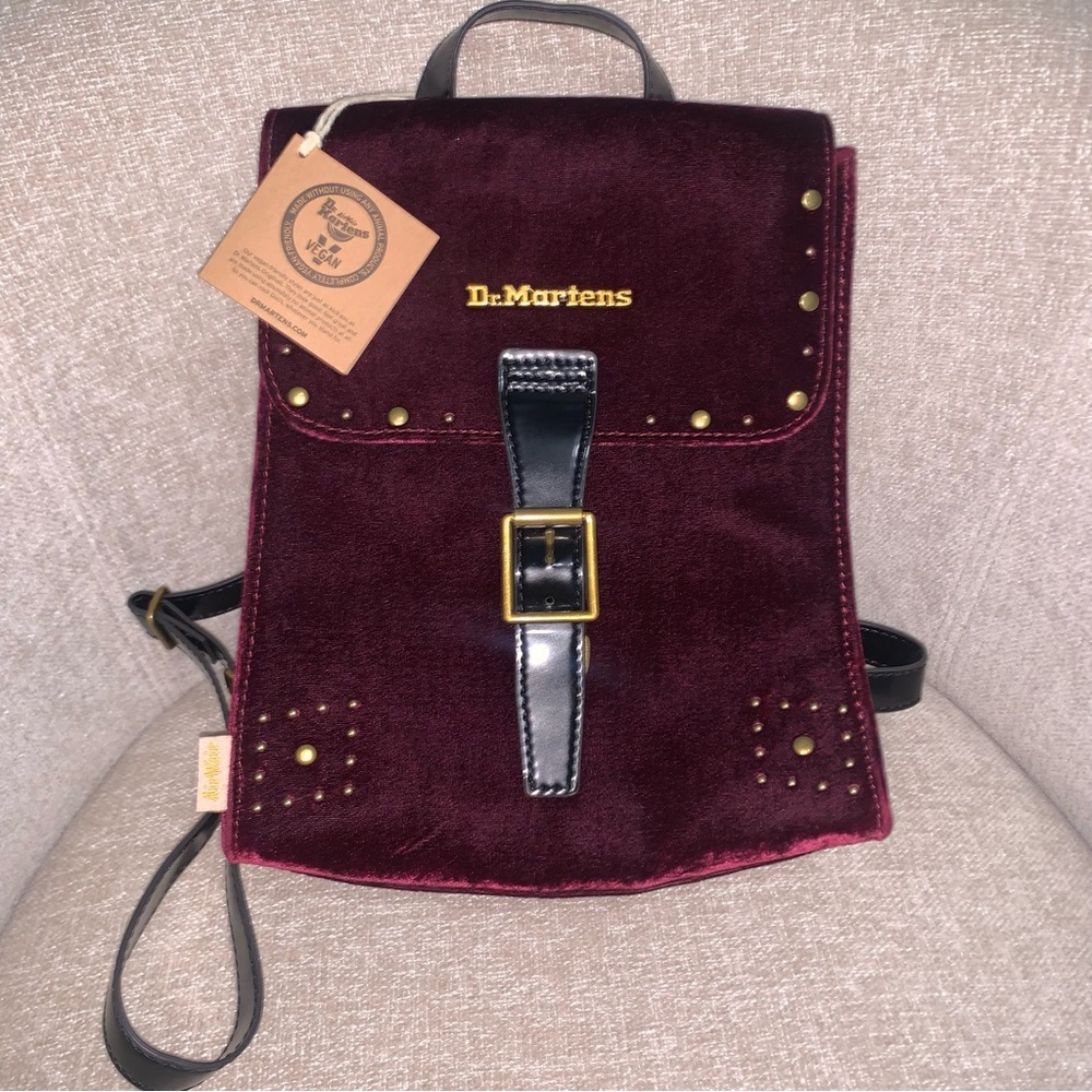 Dr Martens Burgundy Velvet Backpack With Gold Studs & Buckle New With Tag #Goth